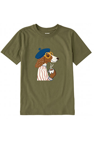 Colermi Cotton Fabric Children's T-Shirt – Dog in a Beret Drinking Coffee B P...