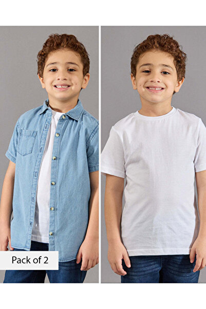 REDTAG Boys Blue And White Denim Shirt And T-Shirt (2 Piece)
