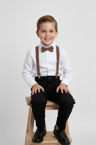Merdia Kids Erkek Çocuk Uzun Kol Beyaz Gömlek ve Kahverengi Askı Papyon Takım