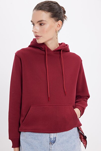 Tudors Women's Relax Fit Comfortable Cut Cotton Hooded Kangaroo Pocket Burgun...