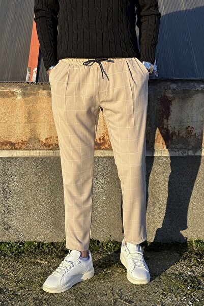 inpool Men'S, Plaid Pattern, Summer-Spring Season, Elastic Waist, Pleated Detail, Fabric Pants 25Inp199Kduz