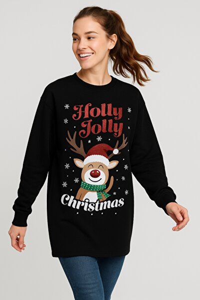 Şans Γυναικείο μακρύ τουνίκ μεγάλου μεγέθους, μαύρο, Πρωτοχρονιάτικο, με χριστουγεννιάτικη φιγούρα 65N39273