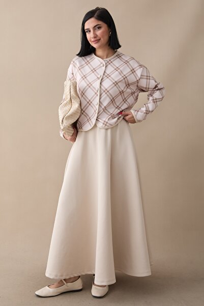 InStyle Plaid Pattern Jacket Skirt Beige Set
