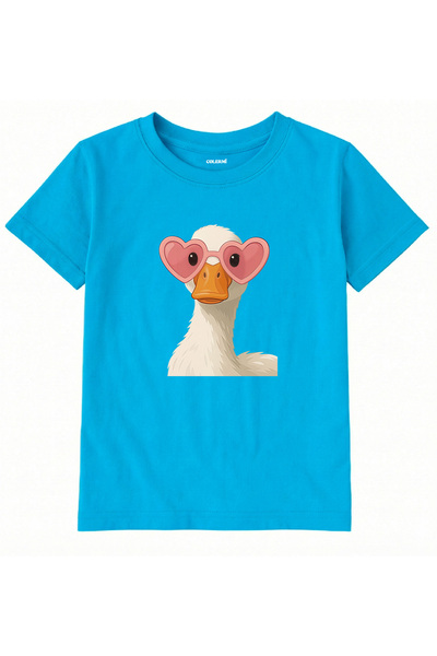 Colermi Cotton Fabric Children's T-Shirt – Goose with Heart Glasses Printed C...