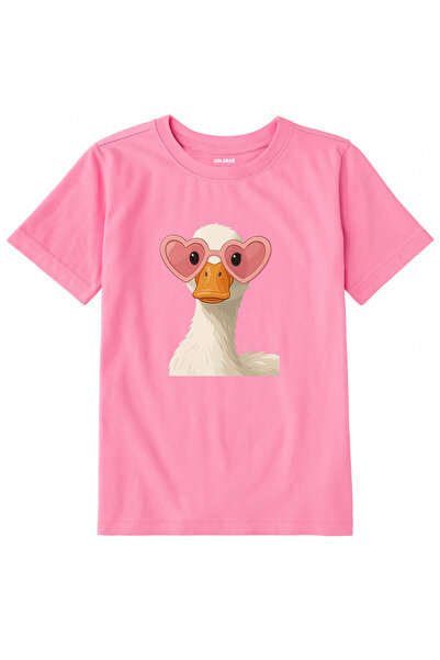 Colermi Cotton Fabric Children's T-Shirt – Goose with Heart Glasses Printed C...