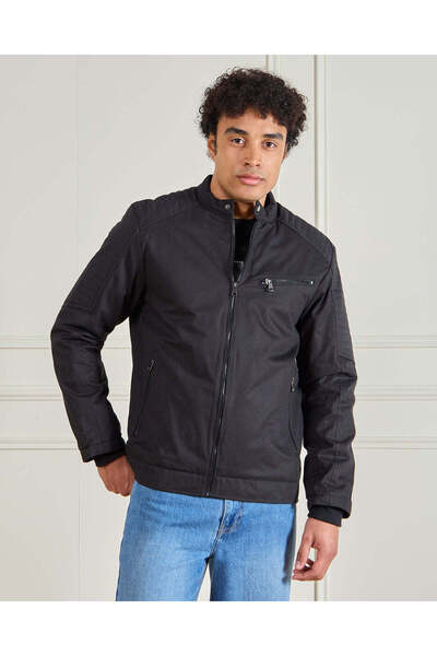 REDTAG Men Black Biker Jacket With Faux Fur Lining