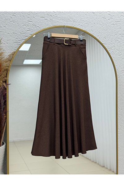 BENAHOLL Fusta evazată cu curea Lale, cu buzunare duble-AA4327 maro