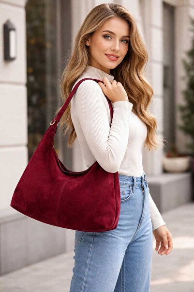 Zeynep Keskin Design New Season Genuine Suede Leather Claret Red Women's Hand and Shoulder Bag (Long Strap Available)