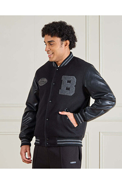 REDTAG Men Black Bomber Jacket With Pu Sleeves