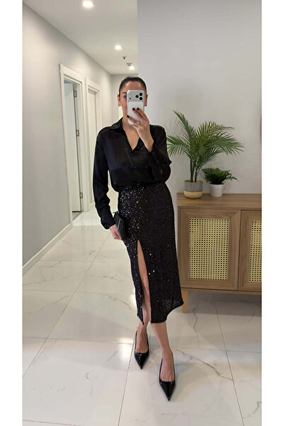 BİRCANÇİL Jeffa Black Midi Length Slit Detailed Skirt
