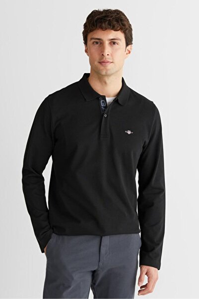 Gant تي شيرت رجالي بأكمام طويلة وياقة بولو - أسود