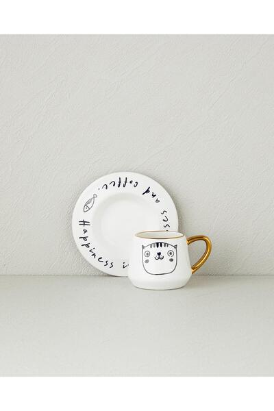 English Home Cute Cat New Bone China 2 Piece 1 Person Coffee Cup Set 90 ml Black-Gold