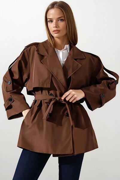 Trend Alaçatı Stili معطف نسائي طويل بحزام بني اللون موديل بأزرار على الجهتين ...