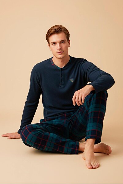 STELLAPİNK Lacivert Mavi Ekose Desenli Polar Erkek Pijama Takımı