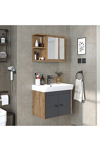 ROOMART Lavabolu Mat Suntalam 60 Cm Banyo Dolabı + Aynalı Üst Dolabı