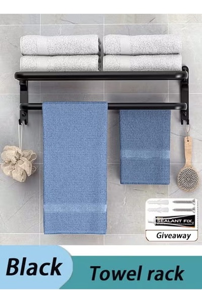 Generic رف مناشف، حامل مناشف، رفوف حمام، علاقة مناشف جدارية مع خطافين للمناشف، أسود