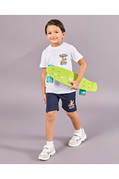 REDTAG Boys White Surf Print T-Shirt With Navy Short Set (2 Piece)