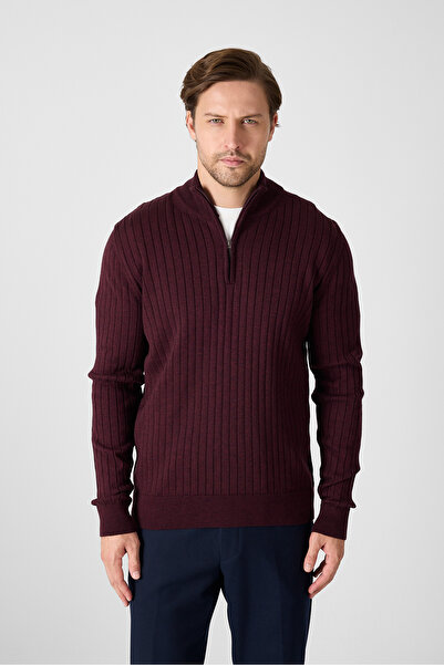 Frappoli Pulover pentru bărbați Romulo, din bumbac, burgundă, italian, F material reiat cu jumătate de fermoar, D guler ridicat, cu croială normală