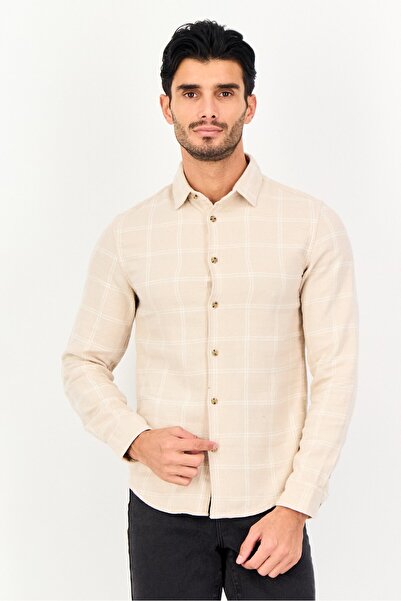 CELIO Men Regular Fit Plaid Long Sleeve Causal Shirt, Beige