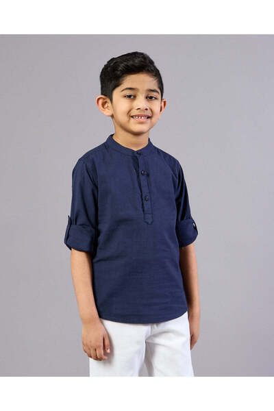 REDTAG Boys Navy Mandrain Collar Shirt