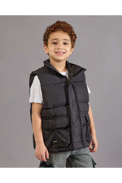 REDTAG Boys Black Sleeveless Puffer Jacket