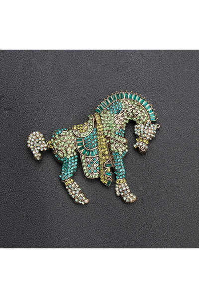 Choice بروش حصان أخضر عتيق مرصع بأحجار الراين الكريستالية، دبوس حصان مرصع بال...