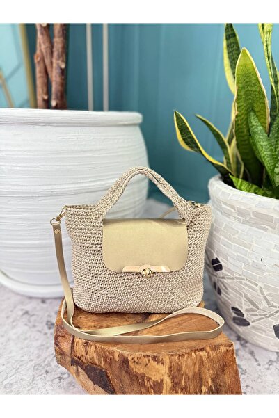 Nissra Geantă de mână din macrame cu husă din piele