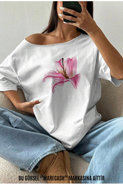 MARECASH Kadın Kayık Yaka Çiçek Baskılı Oversize T-Shirt Kısa Kollu Yazlık