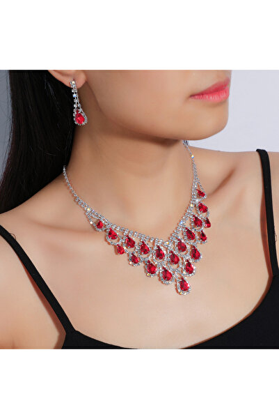 Choice 808160-أحمر، طقم مجوهرات نسائي أنيق مكون من 3 قطع، قلادة وأقراط بشرابة...