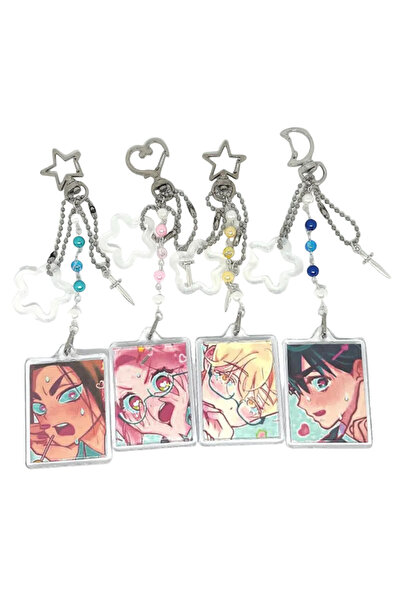 Choice أربع سلاسل مفاتيح شخصيات أنمي شهيرة من فئة تشيبي، مناسبة للنساء، مع إكسسوارات للحقائب، تتضمن شخصيات لوكا وإيفان وتيل وميزي وهيونا.