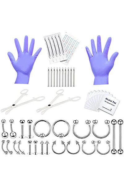 Choice مجموعة ثقب الجسم الاحترافية المكونة من 36 قطعة من المجوهرات الفضية، تتضمن سدادات وأقراط حلقية بتصميم هندسي، بالإضافة إلى مجموعة كاملة من أدوات ثقب الجسم الأخرى. تشمل المجموعة: سدادات الأنف، وسدادات الحاجز الأنفي، وسدادات الأذن.