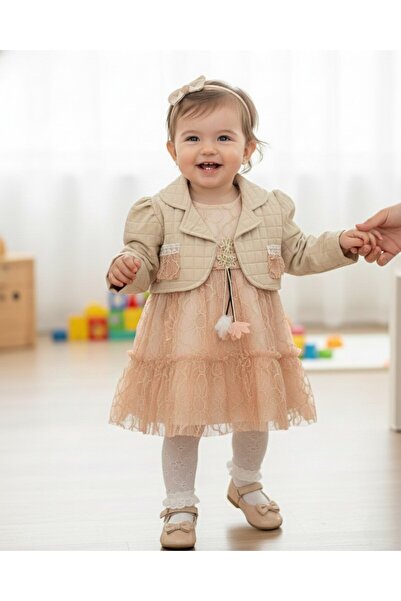 Ege Bebek Kız Bebek 1-2-3 Yaş Dantel Detaylı Askılı Elbise, Bolerolu 2 Parçal...