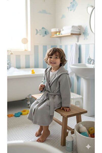 Limon's Baby %100 Pamuk 4 Kat Müslin Antrasit Gri Çocuk Bornozu