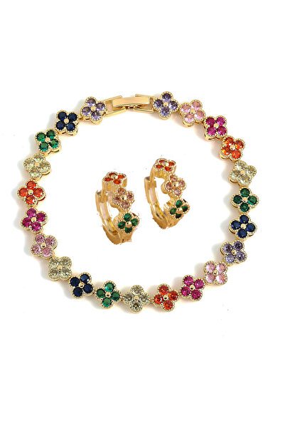 Choice طقم أساور وأقراط من الزركون الملون والمتنوع على شكل زهور، لون ذهبي، قط...