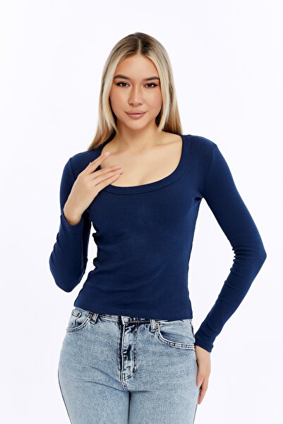 Maison La Femme Women's long sleeve Stretch Fabric u-neck basic blouse