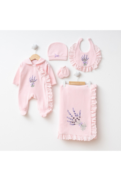 Eda Baby Lavanta Nakışlı Kadife %100 Pamuklu Yenidoğan Hastane Çıkış Seti Kız...