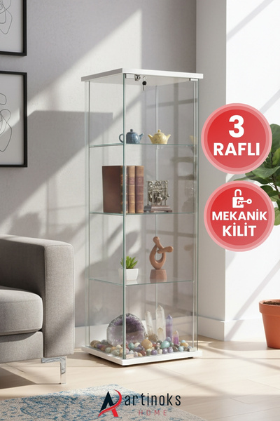 artinoks 3 Raflı Kilitli Cam Vitrin Dolap Gümüşlük Koleksiyon Sergi Kitaplık Büfe Mutfak Raflı Detolf