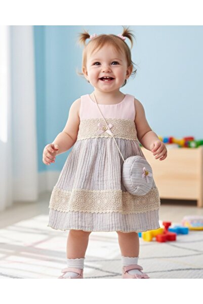 Ege Bebek Kız Bebek 1-2-3 Yaş Dantel Detaylı, Çantalı Yazlık Müslin Elbise R2416