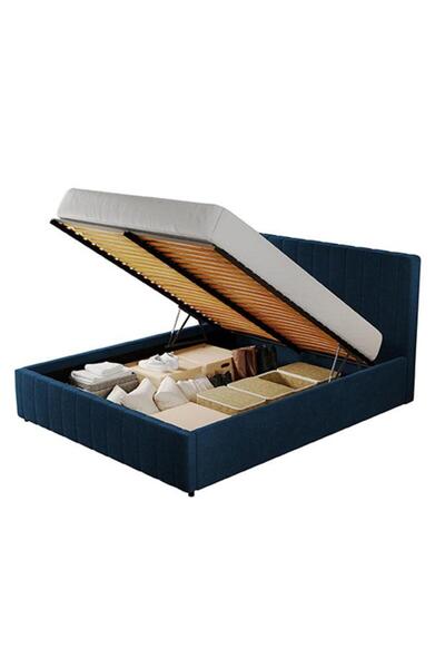 Conforto.ro Pat dublu tapitat Maldive, cadru lemn si pal,albastru, cu somiera rabatabila si lada depozitare