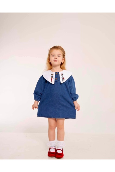 coollbebek Kız Çocuk Denim Yakası Figürlü Kot Elbise