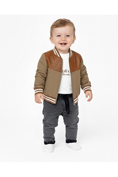Egelite Erkek Bebek Mevsimlik, Deri Yakalı Ceketli, Kot Pantalonlu 3'lü Bayra...