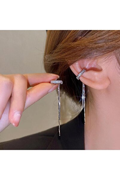 Choice حلق أذن فضي اللون مزين بشرابة كريستالية، بدون ثقب، بسلسلة لامعة مرصعة ...