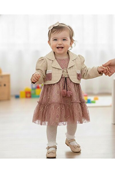 Ege Bebek Kız Bebek 1-2-3 Yaş Dantel Detaylı Askılı Elbise, Bolerolu 2 Parçal...