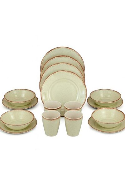 Generic طقم عشاء من الميلامين مكون من 16 قطعة - أخضر زيتوني بحواف بنية