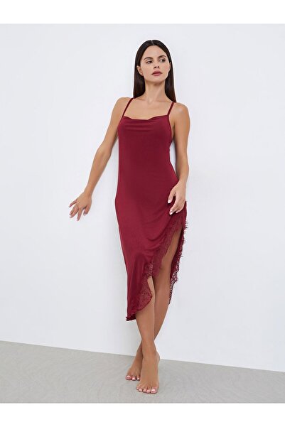 Styli Eyelash Lace Detail Side Split Slip Dress