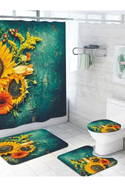 OEM Bathroom Set: Curtain, Mats and Toilet Cover - Yellow Sunflower