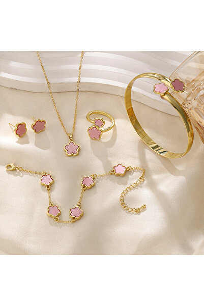 Choice طقم مجوهرات نسائي وردي مكون من 6 قطع، طقم مجوهرات أنيق وعصري يتضمن قلا...