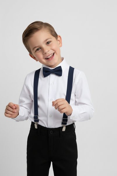 Merdia Kids Boys' Long Sleeve White Shirt and Navy Blue Suspender Bow Tie Set