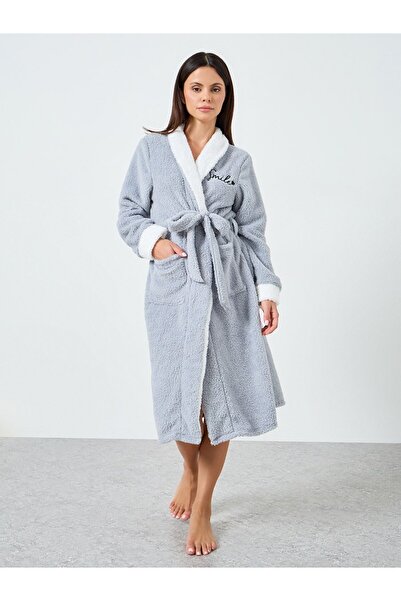 Styli Grey Fleece Robe with Embroidered Detail