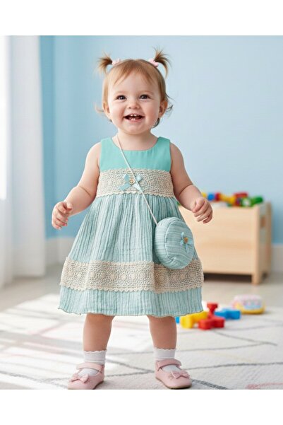 Ege Bebek Kız Bebek 1-2-3 Yaş Dantel Detaylı, Çantalı Yazlık Müslin Elbise R2416